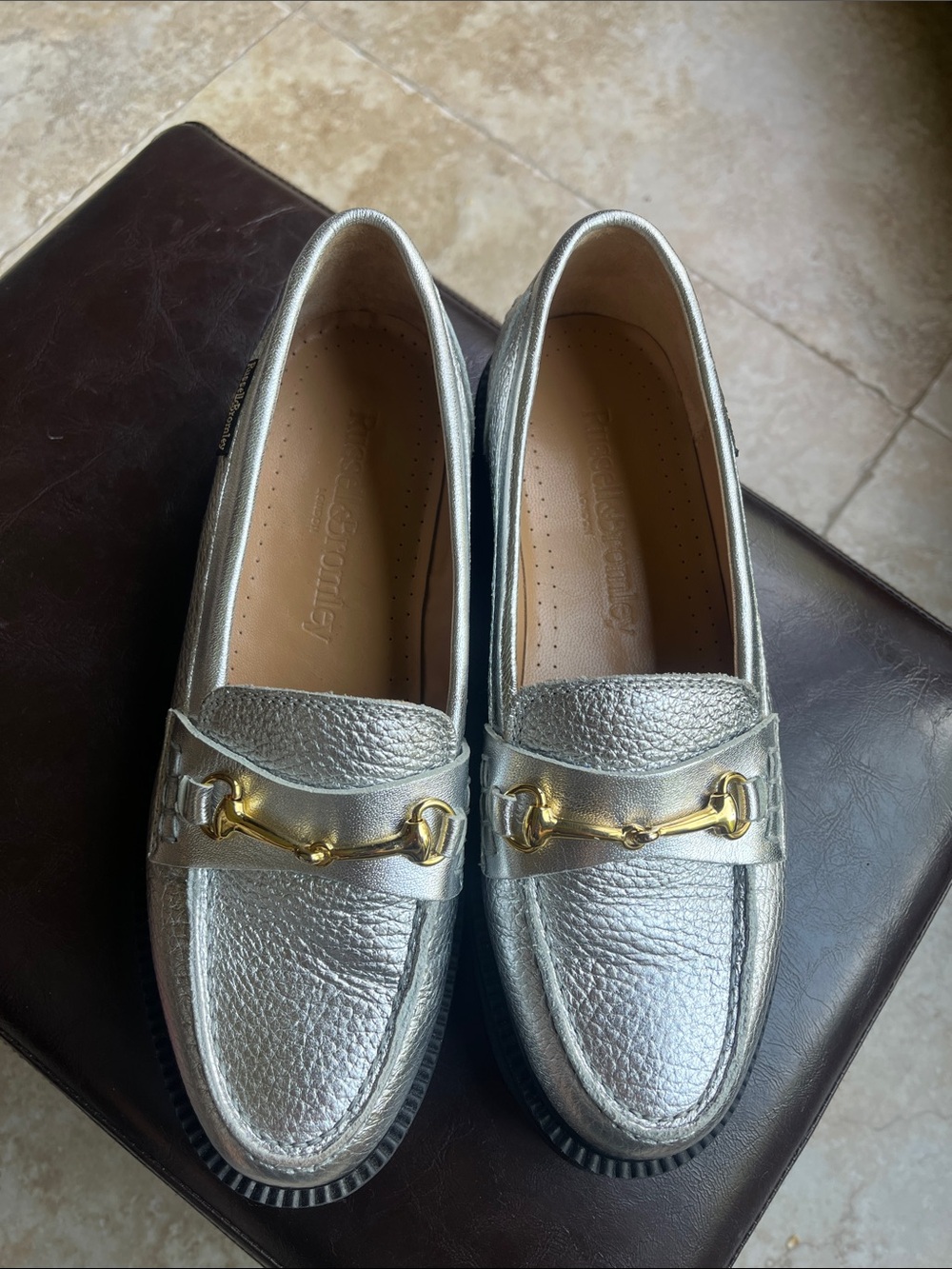 Russell & Bromley Silver Metallic Leather Loafers with Gold Bit New without Box